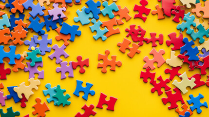 Autism puzzle. Autism awareness day. Colorful bright Puzzle. April 2 World Autism Awareness Day. Top view. Space for text. Copy space. Design elements. Care Awareness Campaign for Autism 