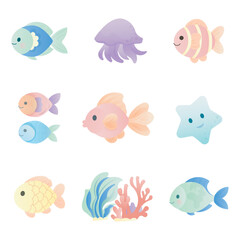 Fototapeta premium Adorable Ocean Life Vector Set.
