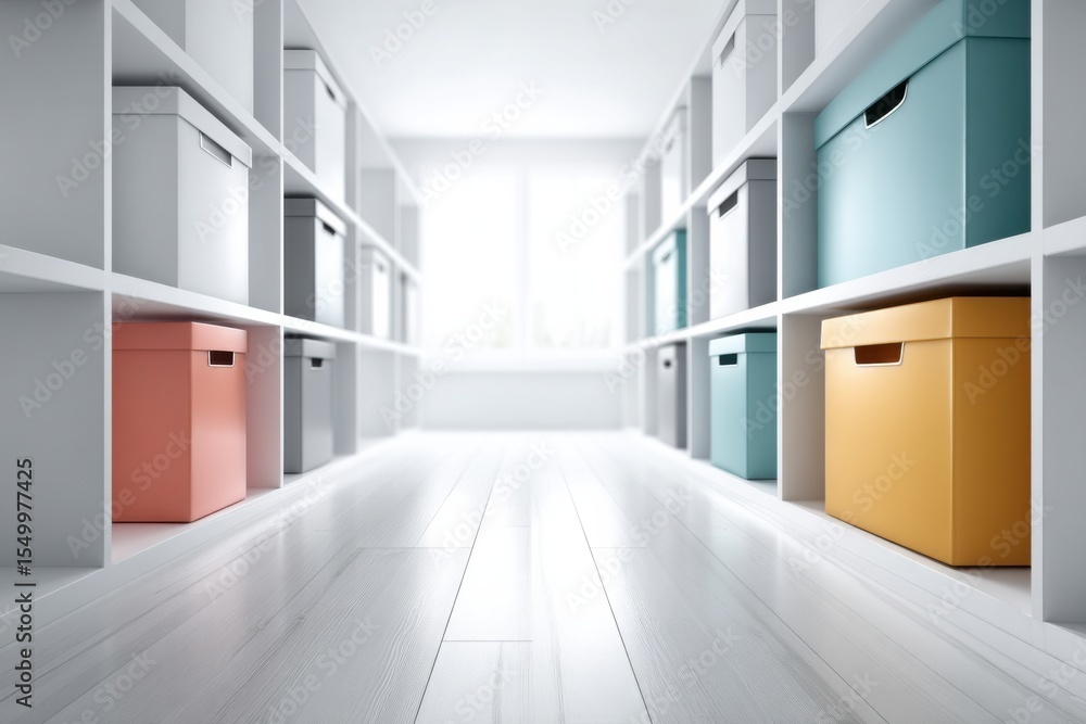 Poster bright room with colorful file boxes arranged neatly in shelving units and open space in the center