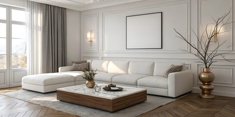 Elegant Modern Living Room Interior Design featuring a white sectional sofa, hardwood floors and stylish decor.
