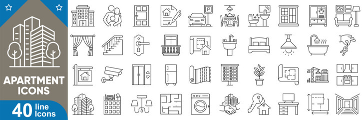 Apartment line editable icons set. Containing building, real estate, balcony, window, elevator, staircase, lobby, rooftop, parking, mailbox, kitchen, bedroom and more. Vector illustration
