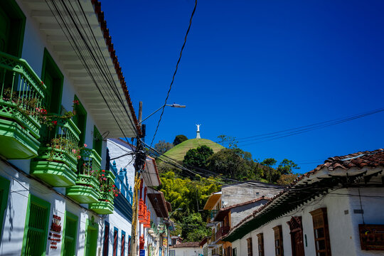 Jerico, Colombia - 16 January 2024. Christ the Redeemer and the beautiful streets of the Heritage Town of Jerico located in the Department of Antioquia in Colombia.