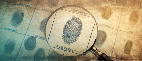 Magnifier and fingerprint police form.  Background on the theme of crime, police, detective, investigation, consequent; inquiry. 