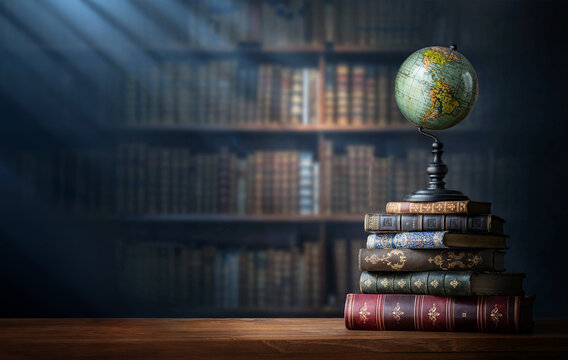 Old geographical globe and old book in cabinet with bookselfs. Science, education, travel background. History and geography team. Ancience, antique globe on the background of books.