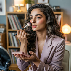 Woman Applying Blush During Makeup Tutorial Wearing Mauve Blazer In Cozy Studio. Beauty Tutorial Stream