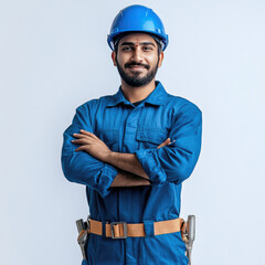 young indian electrician worker wearing safety blue costume, blue helmet,