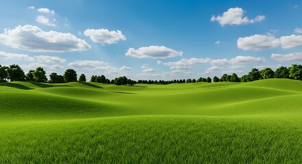 Expansive Green Rolling Hills Under a Bright Blue Sky with Fluffy White Clouds