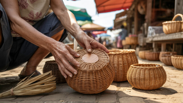 Craftsman weaving wicker baskets at an open market