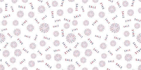 Firework and word Sale Seamless pattern of red, white, and blue color. USA Independence Day, New Year background.