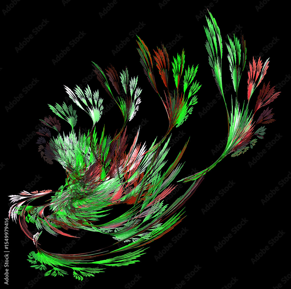 Poster abstract feathers or dynamic leaves of a plant on a black background. graphic design element. 3d ren