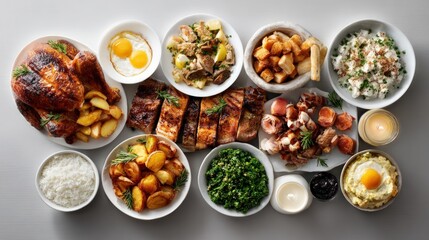 A variety of roasted meats, sides, and eggs presented on a table.