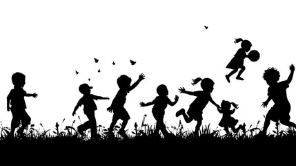 black silhouettes of children playing in a park or meadow with grass and butterflies black, butterfly, child, field, girl, grass, kid, meadow, park, play, play with, silhouette , Generative art.