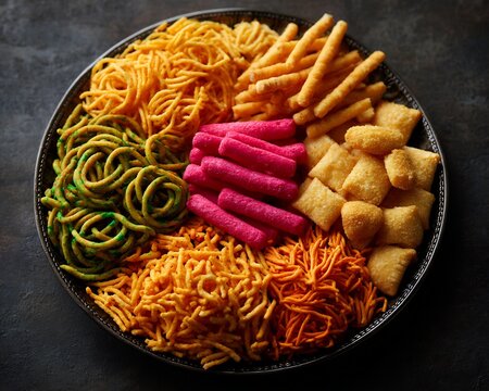 Colorful plate of Indian snacks chakli sev and namak para Diwali special festive food platter vibrant presentation