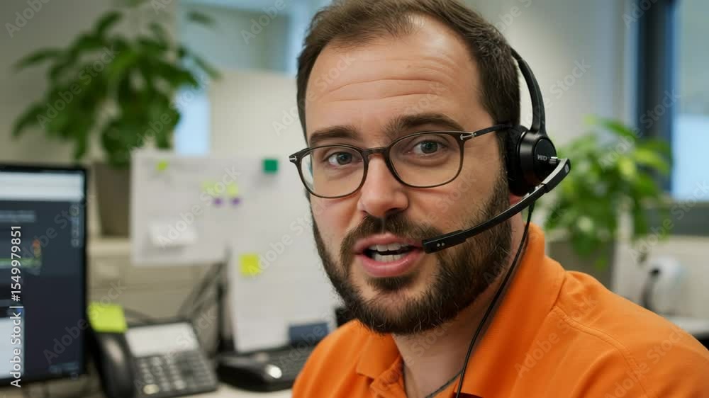 Aufkleber a smiling man with a headset works at his computer in an office setting providing customer service s