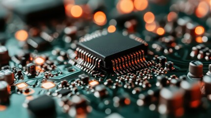 This close-up image showcases a black microchip on a green circuit board, surrounded by intricate electronic components and a warm bokeh background of soft glowing lights.