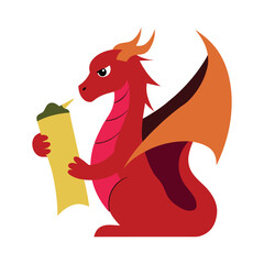 Majestic dragon writing with scroll and quill Vector illustration