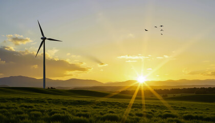 Obraz premium Wind turbine against sunset landscape in green field
