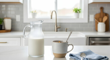 Morning Still Life Fresh Milk And Cereal By The Sink Window