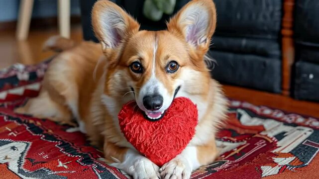 Playful corgi lying on patterned rug indoors, holding a red heart shaped toy in its mouth and looking up with perked ears