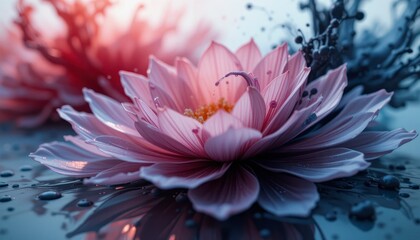 Obraz premium A close-up of a delicate pink lotus flower floating on water with droplets and a blurred colorful background.