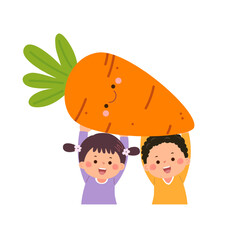 Cartoon kid boy and girl carrying cute giant carrot. Healthy food for kids