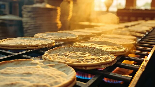 Fresh flatbreads baking on open flame in traditional bakery during golden sunrise, warm breads lined up for morning preparation