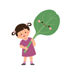 Cartoon child girl holding cute giant spinach leaf. Healthy food for kids