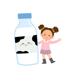 Cartoon child girl with cute bottle of milk. Healthy food for kids