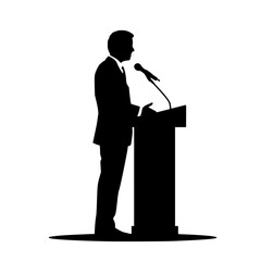 a black silhouette of a man in a suit giving a speech at a podium black, give, man, microphone, podium, silhouette, speaker, speech, stand, suit , Generative art.