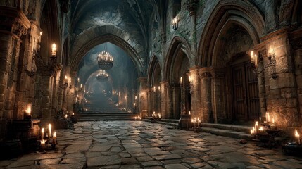 Obraz premium A dimly lit medieval stone hallway with arches, chandeliers, and numerous candles creating a mysterious, ancient atmosphere.