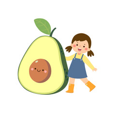 Cartoon child girl with cute giant avocado. Healthy food for kids