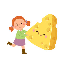 Cartoon child girl with cute giant cheese. Healthy food for kids