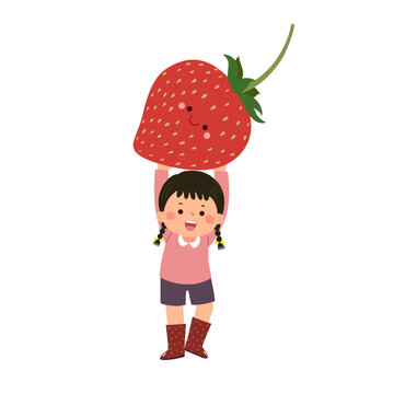Cartoon child girl carrying cute giant strawberry. Healthy food for kids