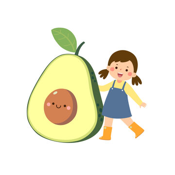 Cartoon child girl with cute giant avocado. Healthy food for kids