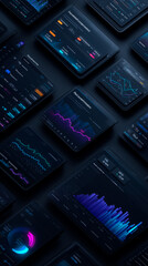 Dark-themed SaaS dashboard illustration with analytics charts, subscription metrics and pricing plans. Clean, futuristic top-down B2B interface in glowing colors.