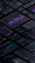 Dark-themed SaaS dashboard illustration with analytics charts, subscription metrics and pricing plans. Clean, futuristic top-down B2B interface in glowing colors.