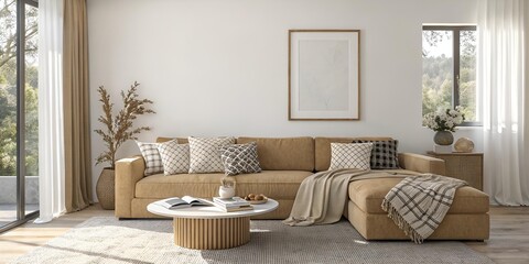 Modern Beige Sectional Sofa in a Sunlit Living Room with Natural Decor and Stylish Throw Pillows