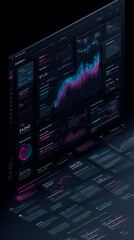 Dark-themed SaaS dashboard illustration with analytics charts, subscription metrics and pricing plans. Clean, futuristic top-down B2B interface in glowing colors.