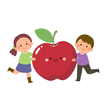 Cartoon kids boy and girl with cute giant red apple. Healthy food for kids