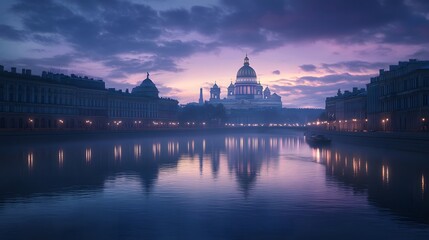 Obraz premium A sweeping view of the historic Saint Isaac’s Cathedral in Saint Petersburg, with the Neva River reflecting the building at dusk
