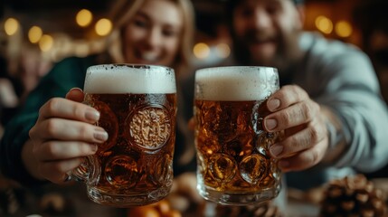 A joyful scene captures two friends raising their mugs of frosty beer in celebration, showcasing camaraderie and good times shared over drinks in a lively tavern environment.
