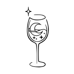 celestial wine glass with moon and stars line art