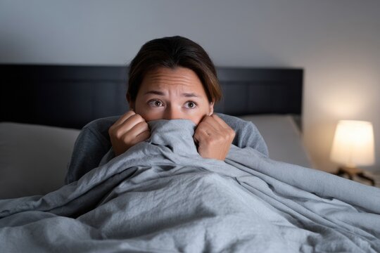 Scared woman hiding under blanket in bed at night, looking terrified with wide eyes in dark bedroom.