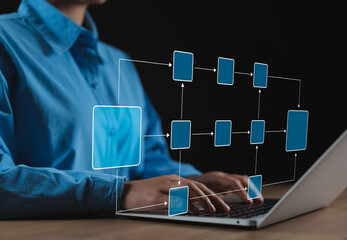 Workflow Automation and Business Process Mapping Concept. Businessperson using laptop with...