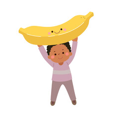 Cartoon child boy carrying cute giant banana. Healthy food for kids