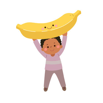 Cartoon child boy carrying cute giant banana. Healthy food for kids