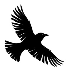 Obraz premium the black silhouette of a crow in flight with wings spread bird, black, crow, flight, fly, icon, raven, silhouette, wing , Generative art.