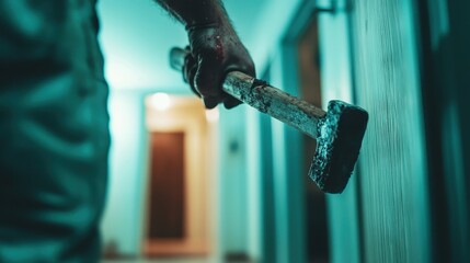 A hand holding a hammer looms ominously in low light, creating a suspenseful atmosphere that hints at mystery, tension, or impending action in an intriguing narrative.