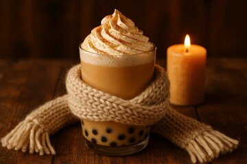 Warm bubble tea topped with whipped cream and served near a candle on a rustic wooden table in a cozy setting