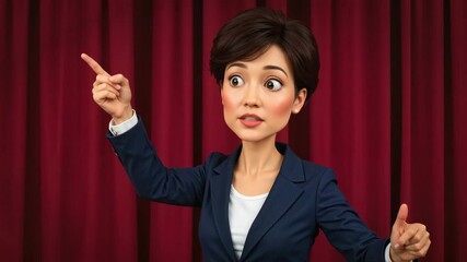 Young Asian woman performing on stage in front of red curtains - Concept of theatrical show  